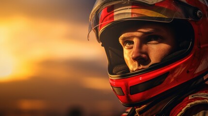 Obraz premium Race car driver portrait on blurred background. Sports concept