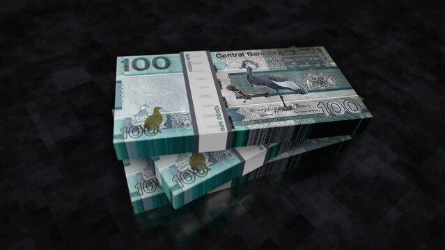 Gambia money Gambian dalasis pile pack. Concept background of economy, banking, business, crisis, recession, debt and finance. 100 GMD banknotes stacks 3d animation.