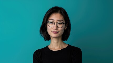 Fototapeta premium Portrait of a Focused Software Developer with Glasses on a Teal Background