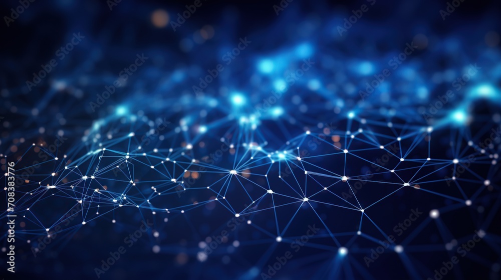Poster artistic representation of glowing network connections with a deep blue tone and depth of field effe