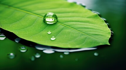 Close-up of a single water droplet on a vibrant green leaf, showcasing nature's intricate details.