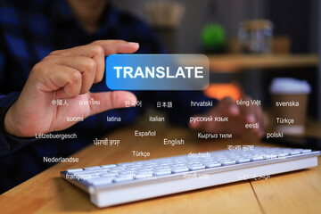Businessman using translator application to translate foreign languages for many country around the...