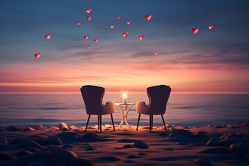Romantic dinner table with two chairs on a beach - obrazy, fototapety, plakaty