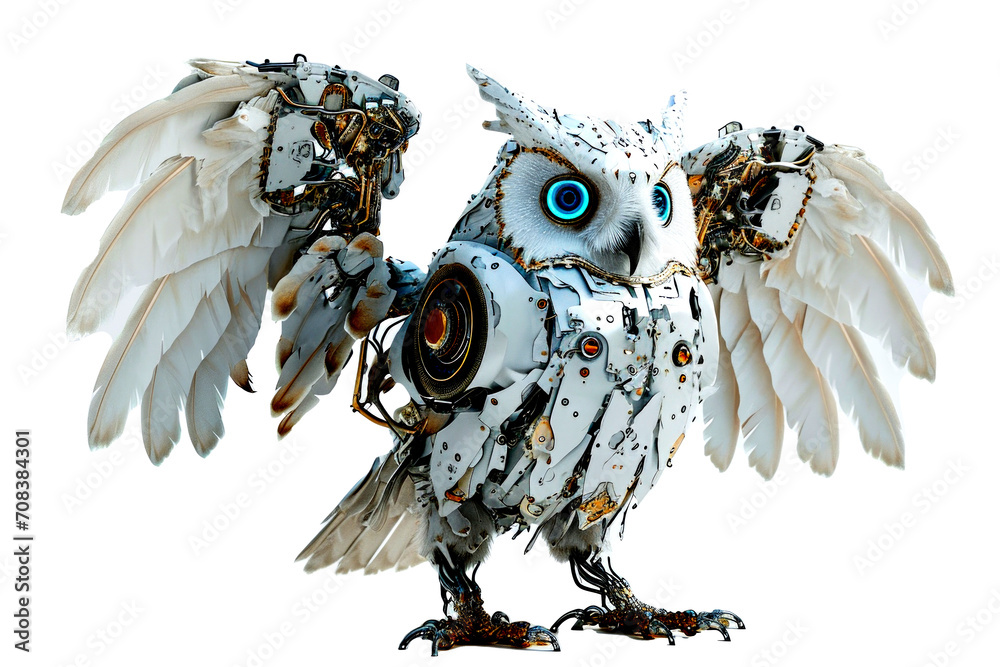 Poster Conceptual image of a cybernetically enhanced owl with robotic wings and technological augmentations, against a plain white background Generative AI