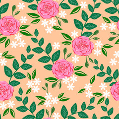 Seamless floral pattern, loose print with beautiful botany sketch. Artistic botanical design: rose flowers and leaves. Vector illustration.