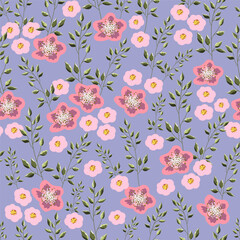Seamless floral pattern, liberty ditsy print with pretty sketch botany. Artistic botanical design: small hand drawn  flowers, tiny leaves on a blue background. Vector illustration.