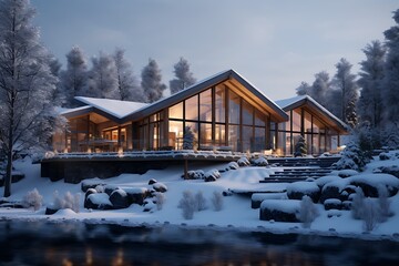Fototapeta na wymiar modern country house in the snowy valley