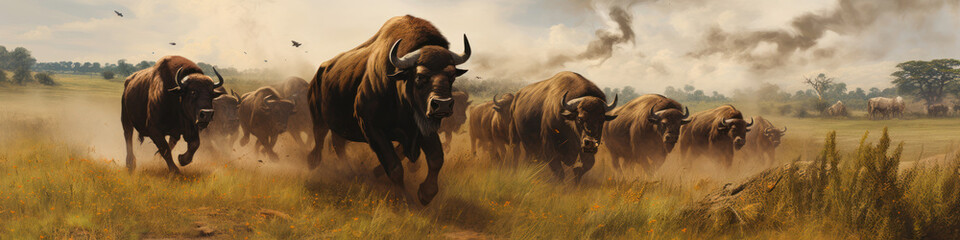 Herd of buffalo plowing through the grasslands,  a powerful display of collective movement