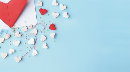 Flat lay mock up photo image of lovely cupid pins with red and white hearts envelope on pastel blue table backdrop