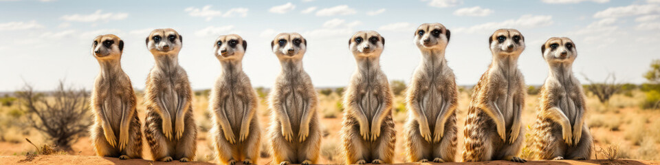 Meerkats standing tall in a row,  their vigilant postures enhancing their watchful nature - obrazy, fototapety, plakaty