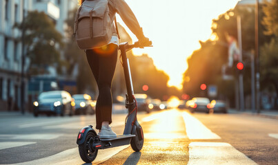 Person commuting on an eco-friendly electric scooter on a sunny urban city street, showcasing sustainable transportation and modern lifestyle - obrazy, fototapety, plakaty
