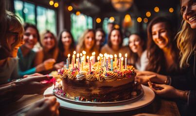 Joyful birthday celebration with a colorful cake adorned with lit candles, surrounded by a happy, blurry group of friends and family