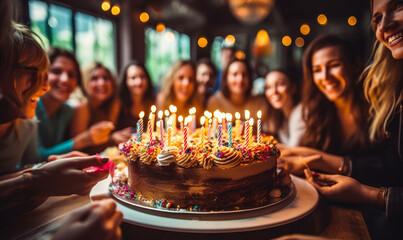 Joyful birthday celebration with a colorful cake adorned with lit candles, surrounded by a happy, blurry group of friends and family - Powered by Adobe