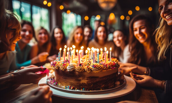 Joyful birthday celebration with a colorful cake adorned with lit candles, surrounded by a happy, blurry group of friends and family