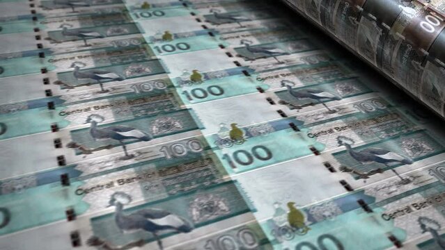 Gambia money Gambian dalasis banknotes printing roll machine loop. Paper 100 GMD bank note print 3d looping seamless. Abstract concept of banking, finance, economy and crisis.