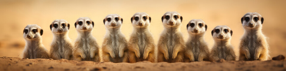 Meerkats standing tall in a row,  their vigilant postures enhancing their watchful nature - obrazy, fototapety, plakaty
