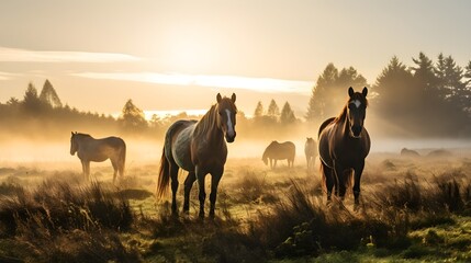 Fototapeta na wymiar ranquil Pasture Harmony: Horses Grazing in Misty Morning Serenity - Witness the Calm Beauty of Equine Companionship