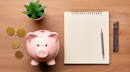 Creative Finance Workspace with Pink Piggy Bank, Calculator, and Diary on Wooden Desk - Budgeting and Investment Concept
