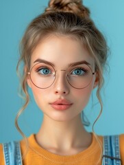 Fototapeta premium Young Woman with Round Glasses on Blue Background. A young blonde woman with round glasses, a bun hairstyle, and a yellow top.