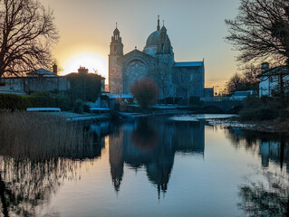 Beautiful sunrise scenery with Galway cathedral reflected in water at Galway city, Ireland - obrazy, fototapety, plakaty