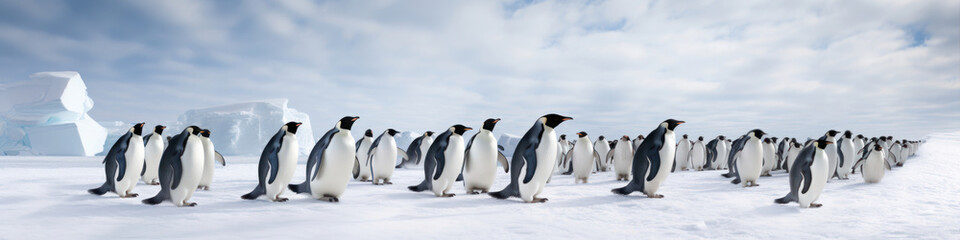 Penguins marching through the snow,  their monochromatic appearance creating a captivating winter tableau