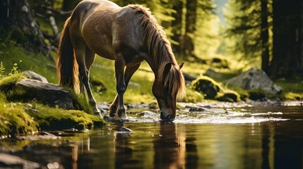 Serenity Unveiled: Horse Sips from Crystal-Clear Stream - A Tranquil Moment Capturing Equine Harmony with Nature's Elegance