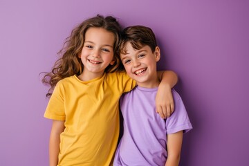 cheerful kids in yellow t-shirts hugging on purple background