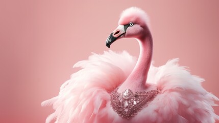 Creative animal concept. Swan bird in glam fashionable couture high end outfits isolated on bright background advertisement, copy space. birthday party invite invitation banner