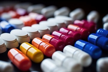 Colorful pills arranged in rows