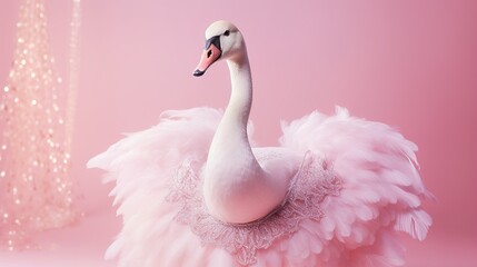 Creative animal concept. Swan bird in glam fashionable couture high end outfits isolated on bright background advertisement, copy space. birthday party invite invitation banner - obrazy, fototapety, plakaty