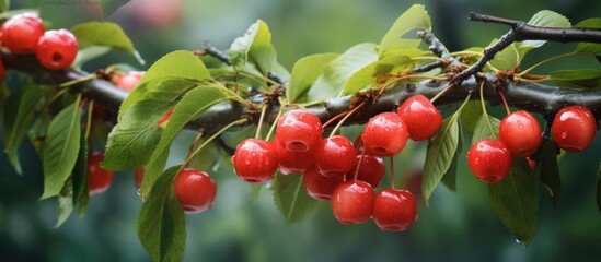 Obraz premium Red fruit on green tree branch.