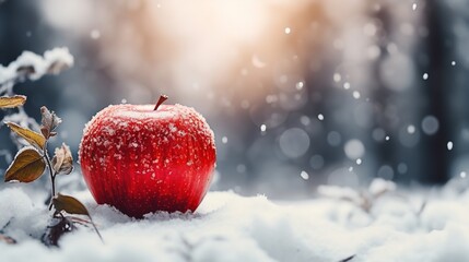 A red apple in a snowy backdrop with a big copy space, Generative AI. - obrazy, fototapety, plakaty