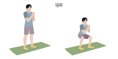 Asian young man doing squat exercise
