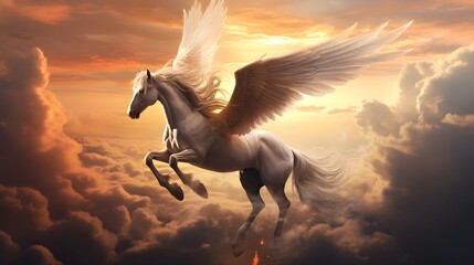 Ethereal Equestrian: Mystical Horse with Wings Soaring Above Clouds - Unleash the Magic in this Enchanting Equine Fantasy - obrazy, fototapety, plakaty