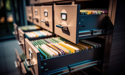 Close-up View of Open File Cabinet Drawers Filled with Labeled Documents, Depicting Organization, Storage, and Information Management