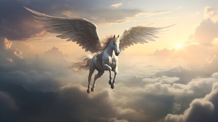 Obraz na płótnie Canvas Ethereal Equestrian: Mystical Horse with Wings Soaring Above Clouds - Unleash the Magic in this Enchanting Equine Fantasy