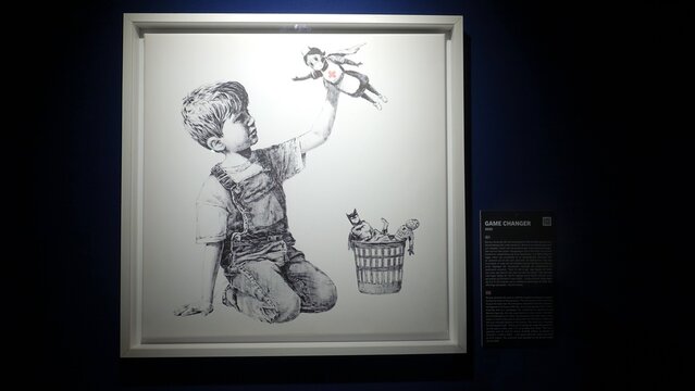 Stockholm, Sweden, December 29 2023. Art exhibition. The mystery of Banksy A genius mind. Game changer.