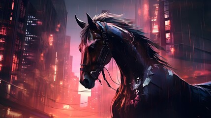 Cyber Equine Odyssey: Digital Artwork of a Horse in Futuristic Cityscape - Melding Nature's Grace with Cyberpunk Edge - obrazy, fototapety, plakaty
