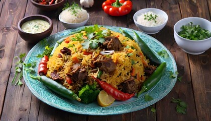 Traditional oriental pilaf with beef, rice and vegetables on a plate