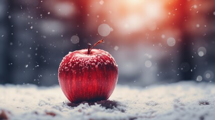 A red apple in a snowy backdrop with a big copy space, Generative AI. - obrazy, fototapety, plakaty