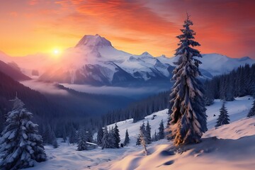 Fototapeta na wymiar sun rise over winter mountains and palm trees