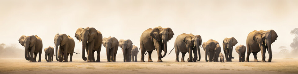 majestic lineup of elephants parading in unison,  their sheer size creating an awe-inspiring spectacle