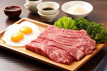 Fototapeta premium Raw beef steak and sunny side up eggs on a wooden plate