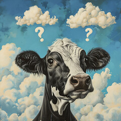 Cow and questions clouds GMO - obrazy, fototapety, plakaty