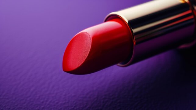Closeup Red lipstick on a purple background in beauty industry photography style.
