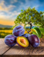 Plums on a wooden table with a plum tree in the background