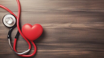 Top View of Healthcare Concept: Black Stethoscope and Small Red Heart on Table Background with Copy Space for Medical Equipment Photo