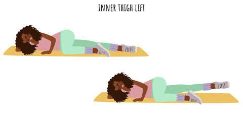 Young woman doing inner thigh lift exercise - obrazy, fototapety, plakaty