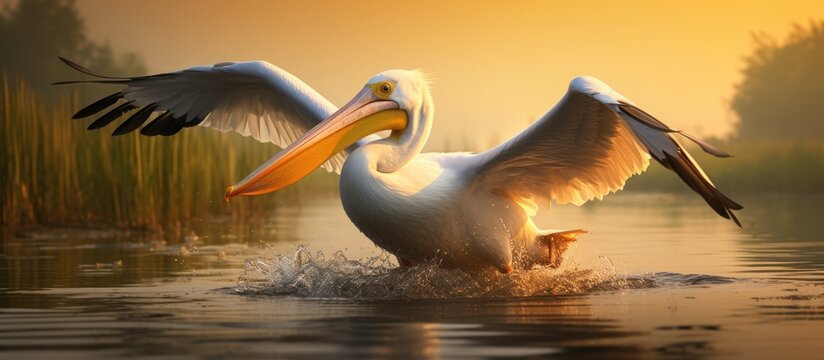 Conserving biodiversity in the tranquil Danube Delta, a majestic pelican glides gracefully.