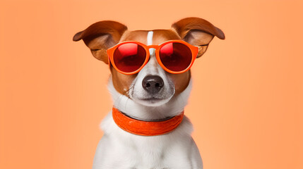 Funny dog in sunglasses in trendy style on yellow background. Portrait puppy dog summer. Pet care, generated AI